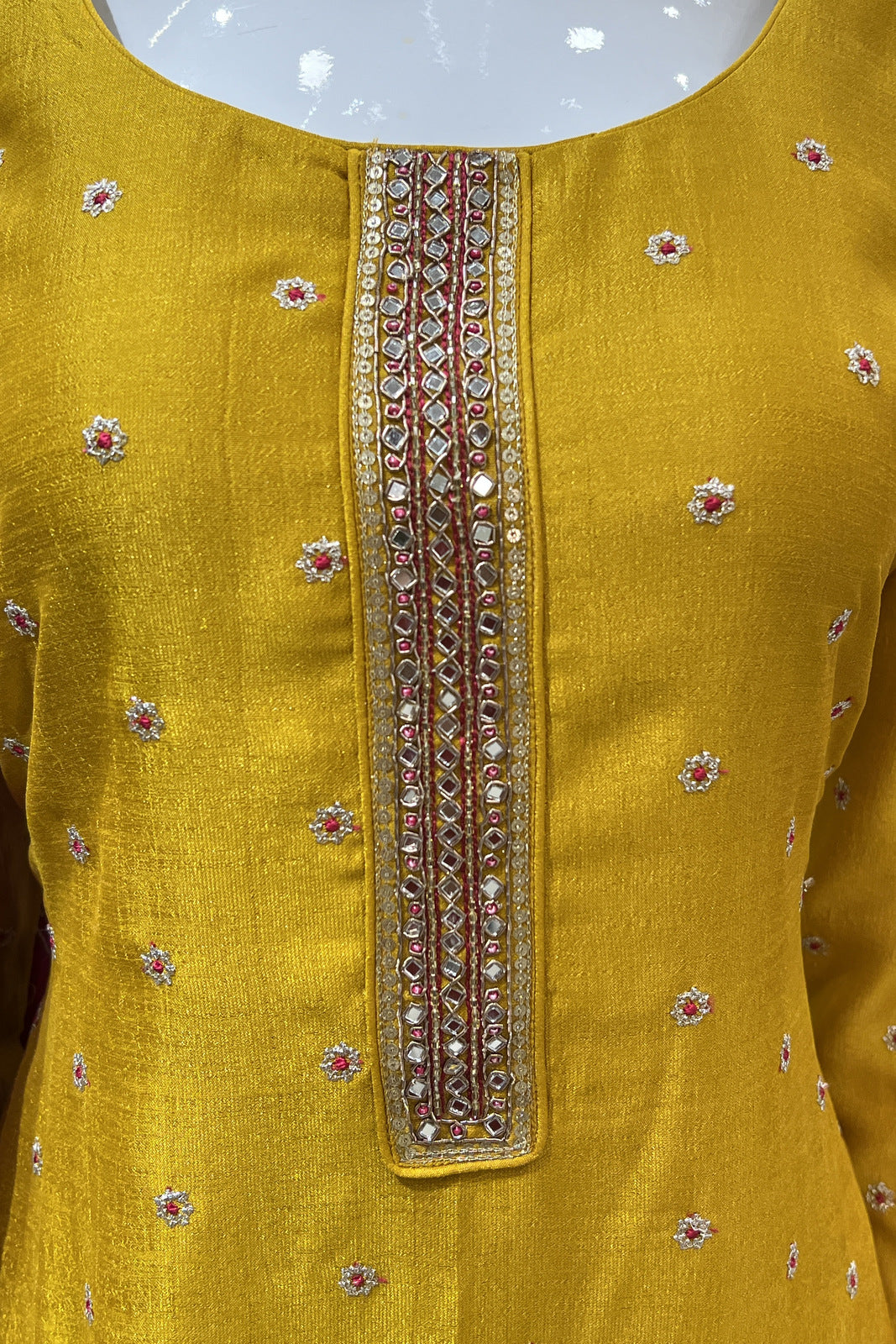 Mustard Zari, Sequins, Mirror, Beads and Zardozi work Straight Cut Salwar Suit