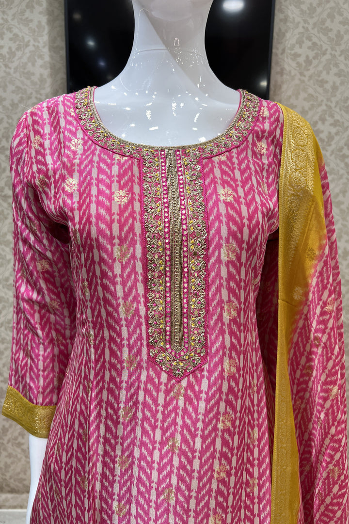 Pink Banaras, Zardozi and Sequins work Organza Straight Cut Salwar Suit