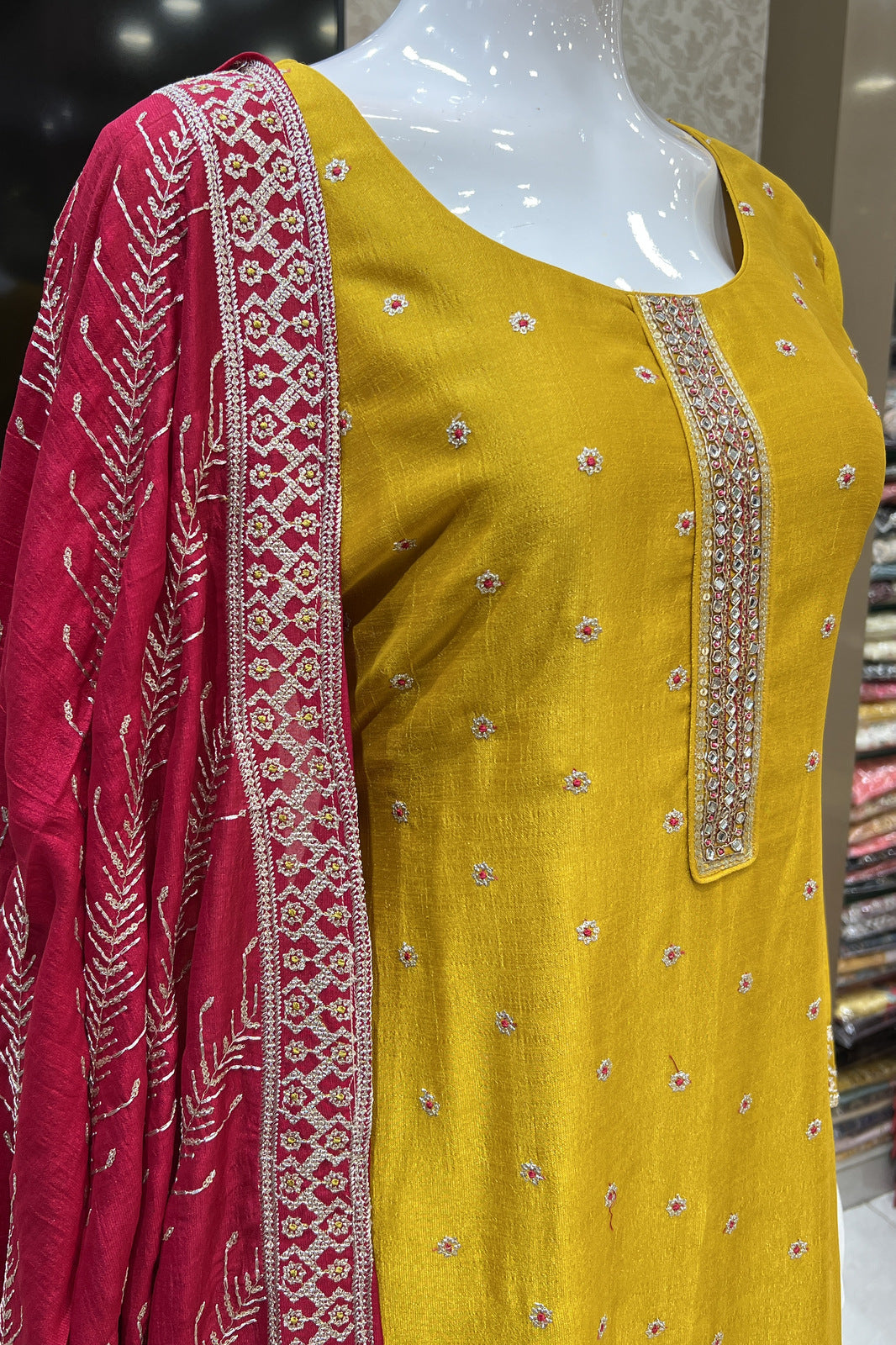 Mustard Zari, Sequins, Mirror, Beads and Zardozi work Straight Cut Salwar Suit