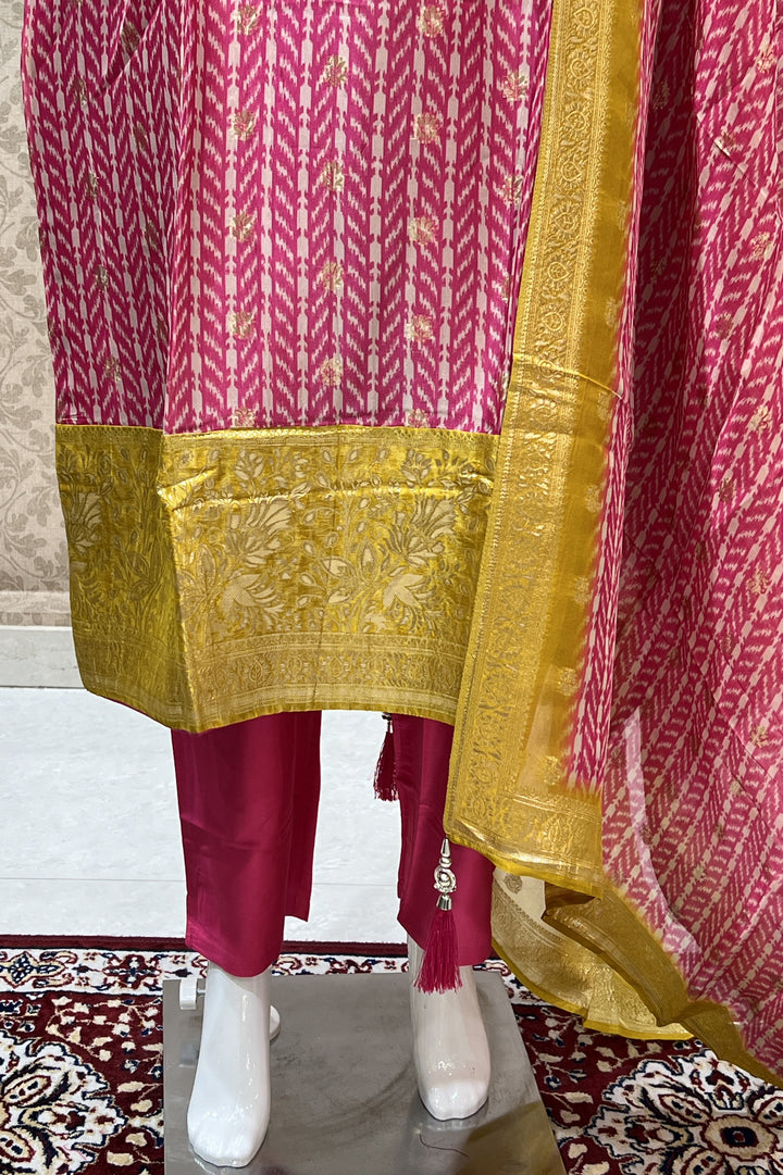 Pink Banaras, Zardozi and Sequins work Organza Straight Cut Salwar Suit