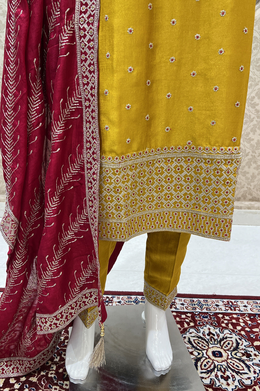 Mustard Zari, Sequins, Mirror, Beads and Zardozi work Straight Cut Salwar Suit