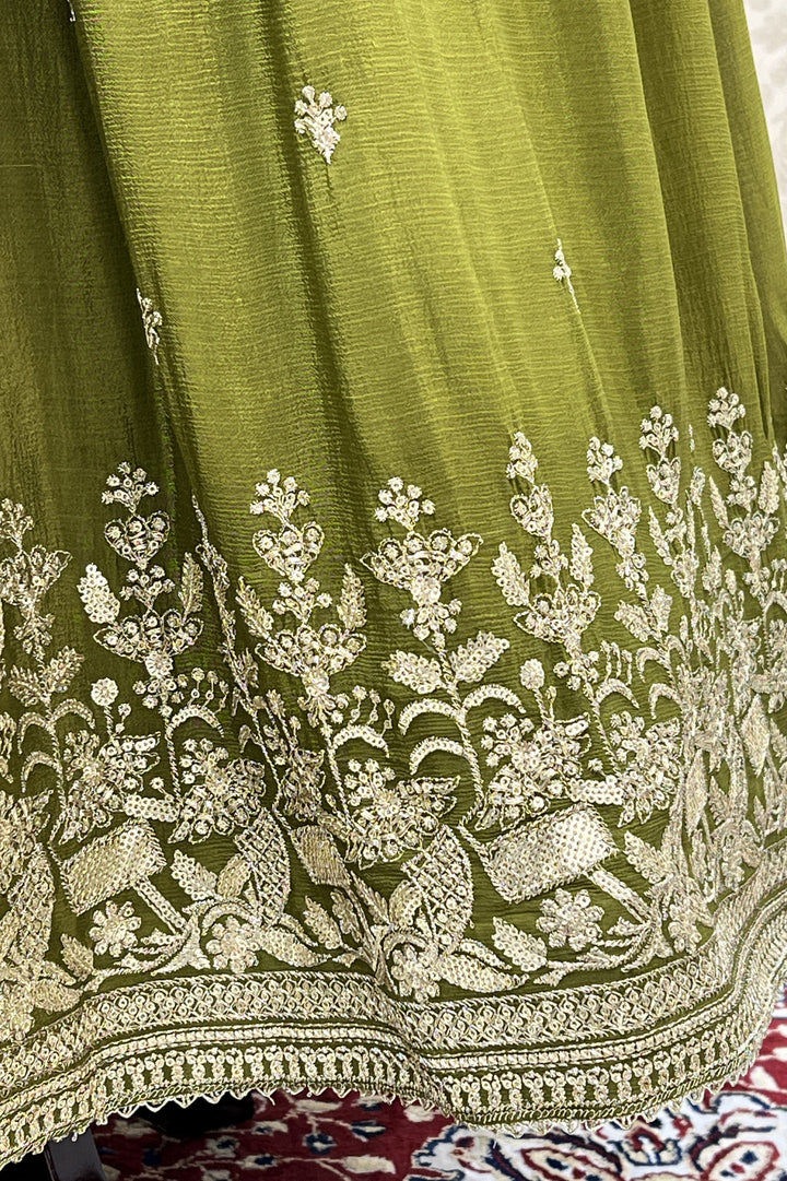 Mehendi Green Sequins, Beads, Mirror, Banaras and Stone work Peplum Style Lehenga