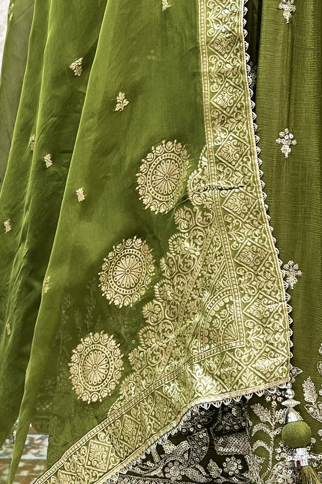 Mehendi Green Sequins, Beads, Mirror, Banaras and Stone work Peplum Style Lehenga