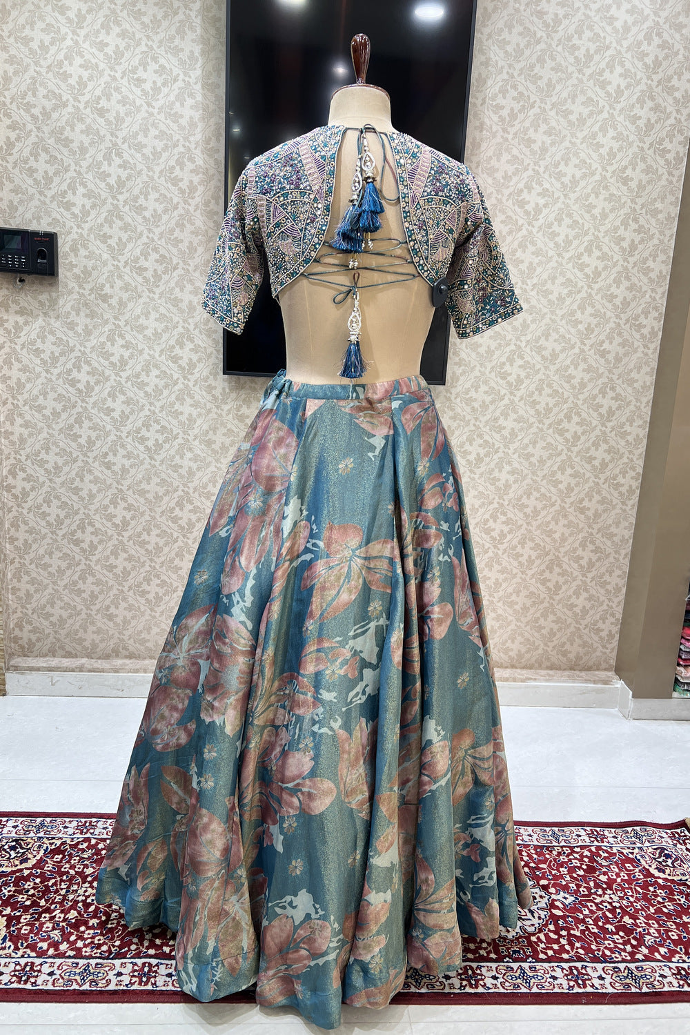 Tealish Green Beads, Zardozi, Sequins and Mirror work with Digital Print Crop Top Lehenga