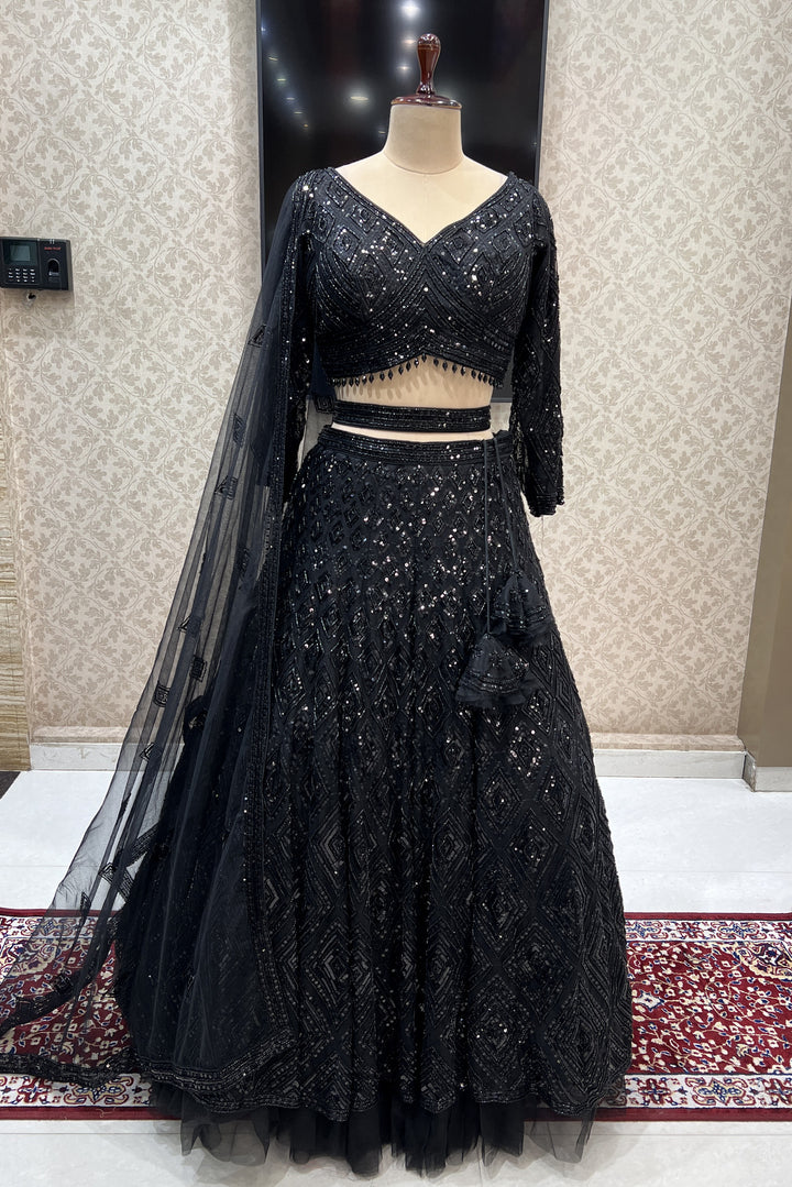 Black Sequins and Beads work Crop Top Designer Bridal Lehenga