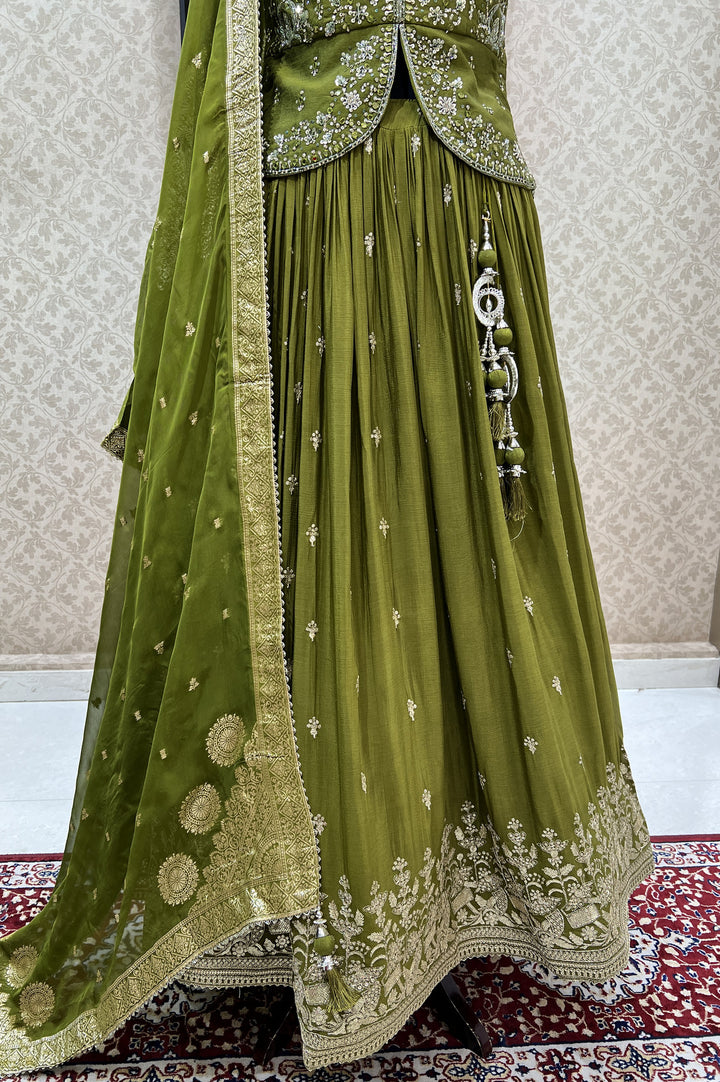 Mehendi Green Sequins, Beads, Mirror, Banaras and Stone work Peplum Style Lehenga