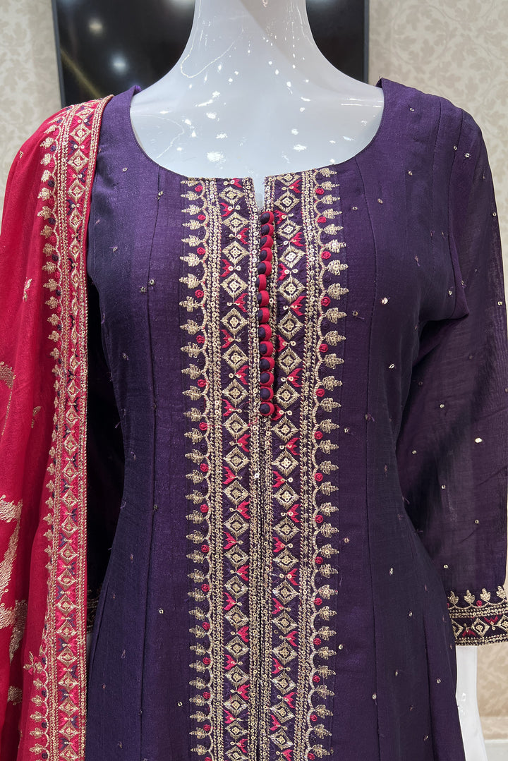 Purple Sequins and Zari Thread work Anarkali Style Salwar Suit