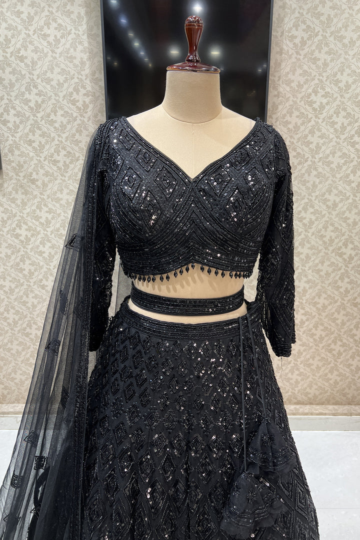 Black Sequins and Beads work Crop Top Designer Bridal Lehenga