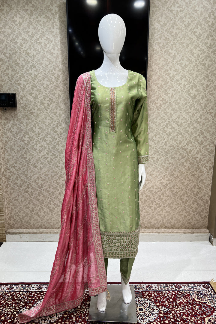 Pista Green Zari, Sequins, Mirror, Beads and Zardozi work Straight Cut Salwar Suit