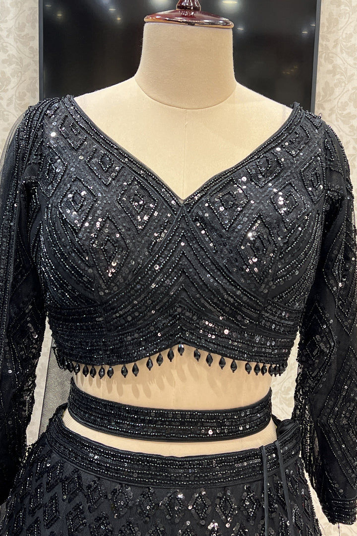 Black Sequins and Beads work Crop Top Designer Bridal Lehenga