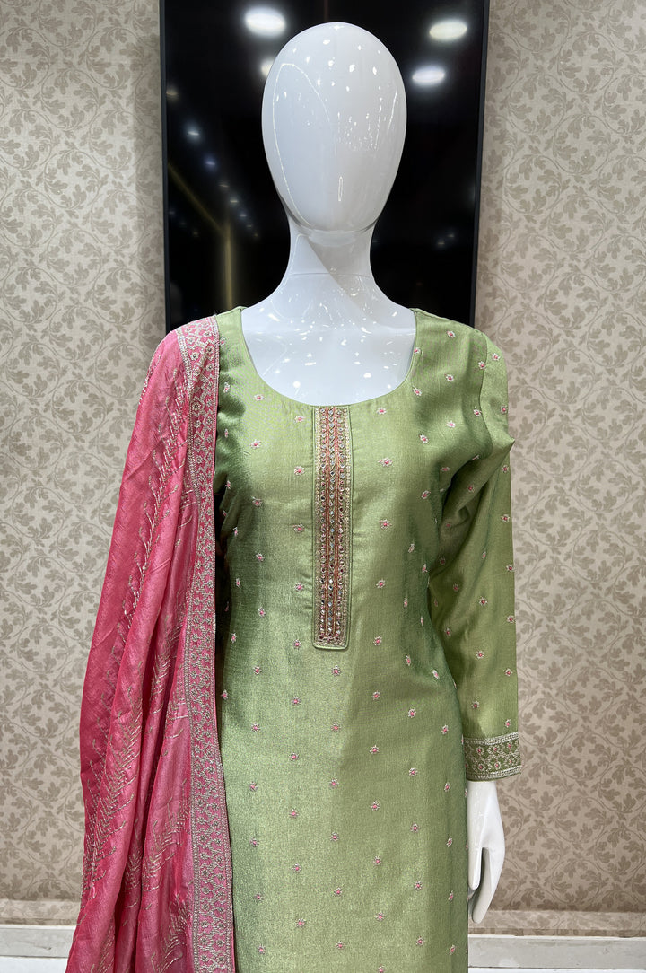 Pista Green Zari, Sequins, Mirror, Beads and Zardozi work Straight Cut Salwar Suit