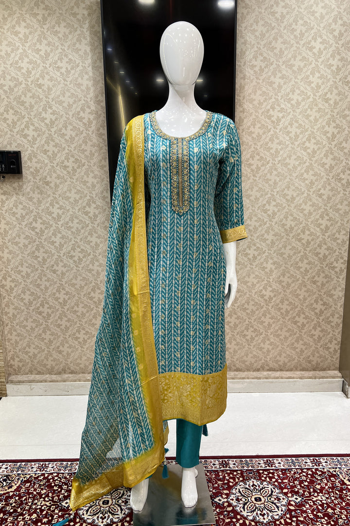 Rama Blue Banaras, Zardozi and Sequins work Organza Straight Cut Salwar Suit