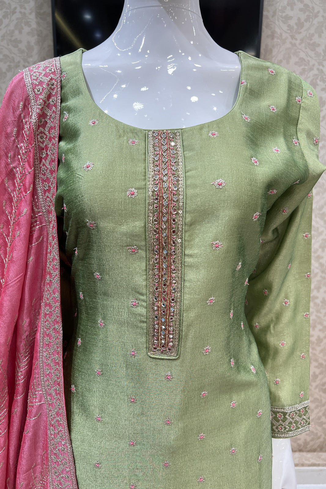 Pista Green Zari, Sequins, Mirror, Beads and Zardozi work Straight Cut Salwar Suit