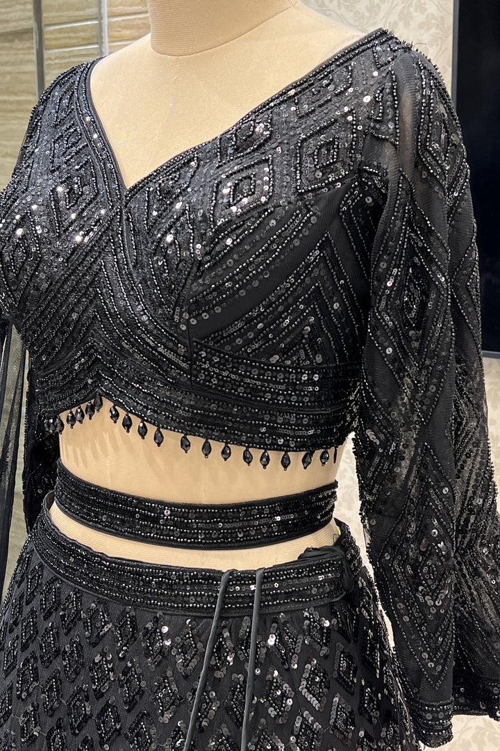 Black Sequins and Beads work Crop Top Designer Bridal Lehenga