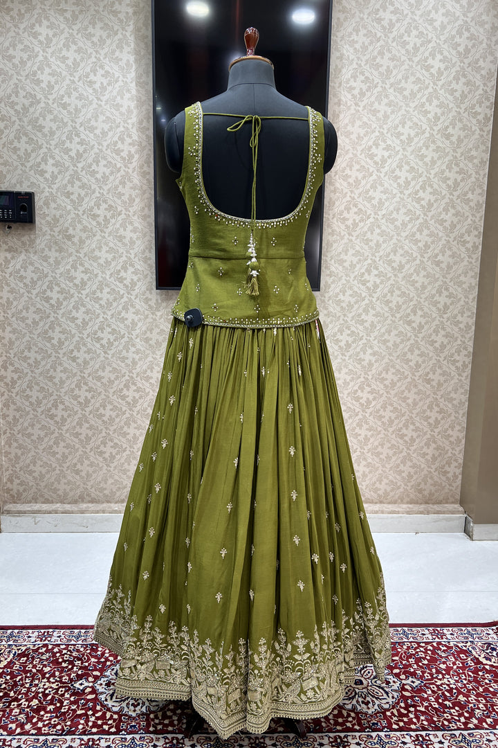 Mehendi Green Sequins, Beads, Mirror, Banaras and Stone work Peplum Style Lehenga