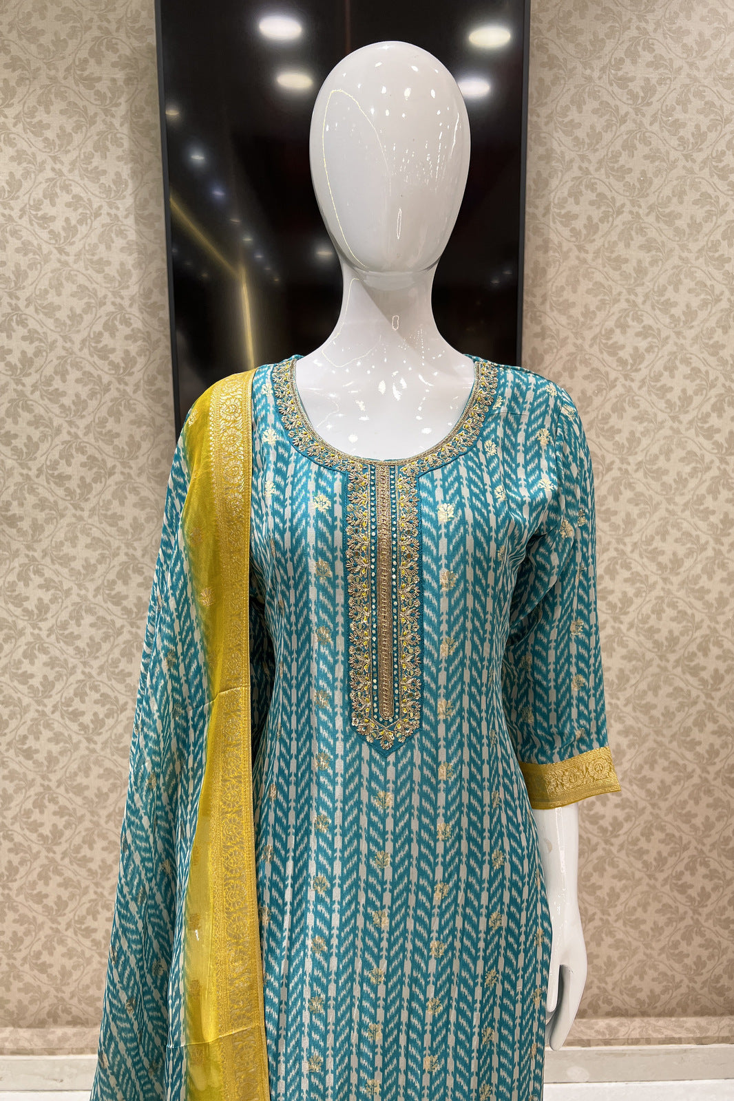 Rama Blue Banaras, Zardozi and Sequins work Organza Straight Cut Salwar Suit