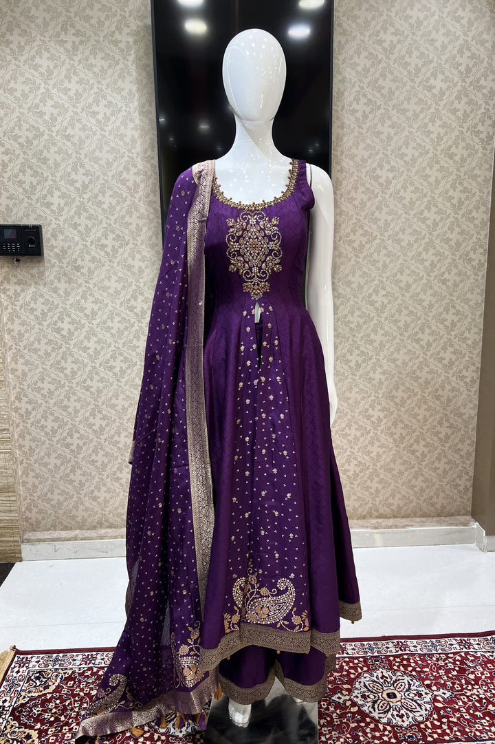 Purple Banaras, Kundan, Sequins and Zardozi work Palazzo Salwar Suit