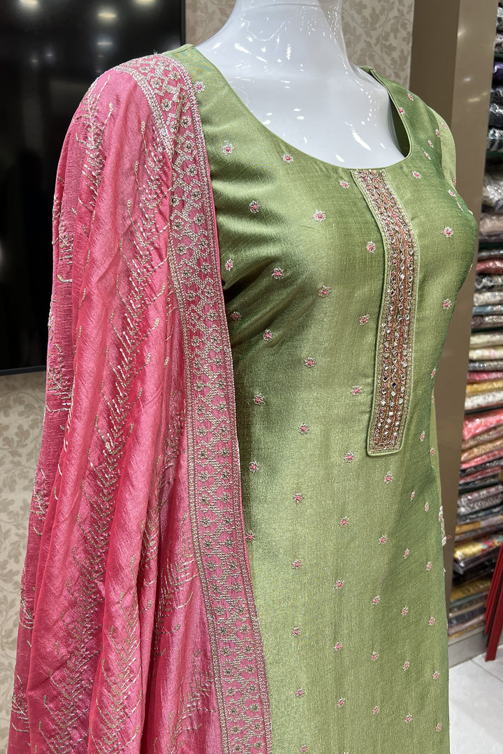 Pista Green Zari, Sequins, Mirror, Beads and Zardozi work Straight Cut Salwar Suit