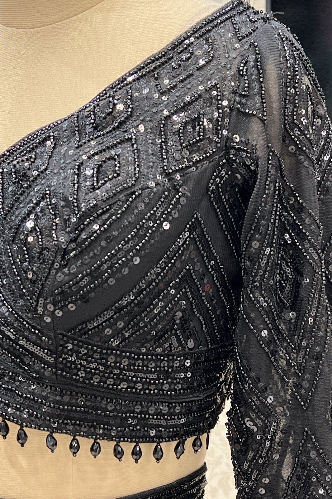 Black Sequins and Beads work Crop Top Designer Bridal Lehenga