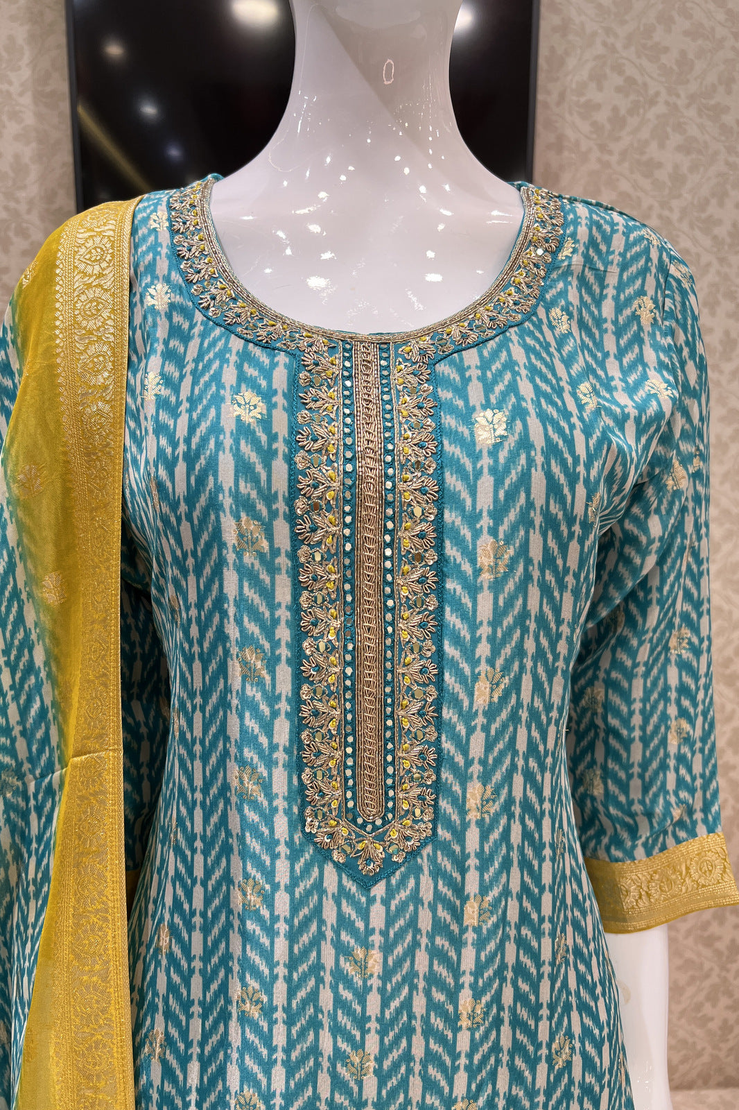 Rama Blue Banaras, Zardozi and Sequins work Organza Straight Cut Salwar Suit