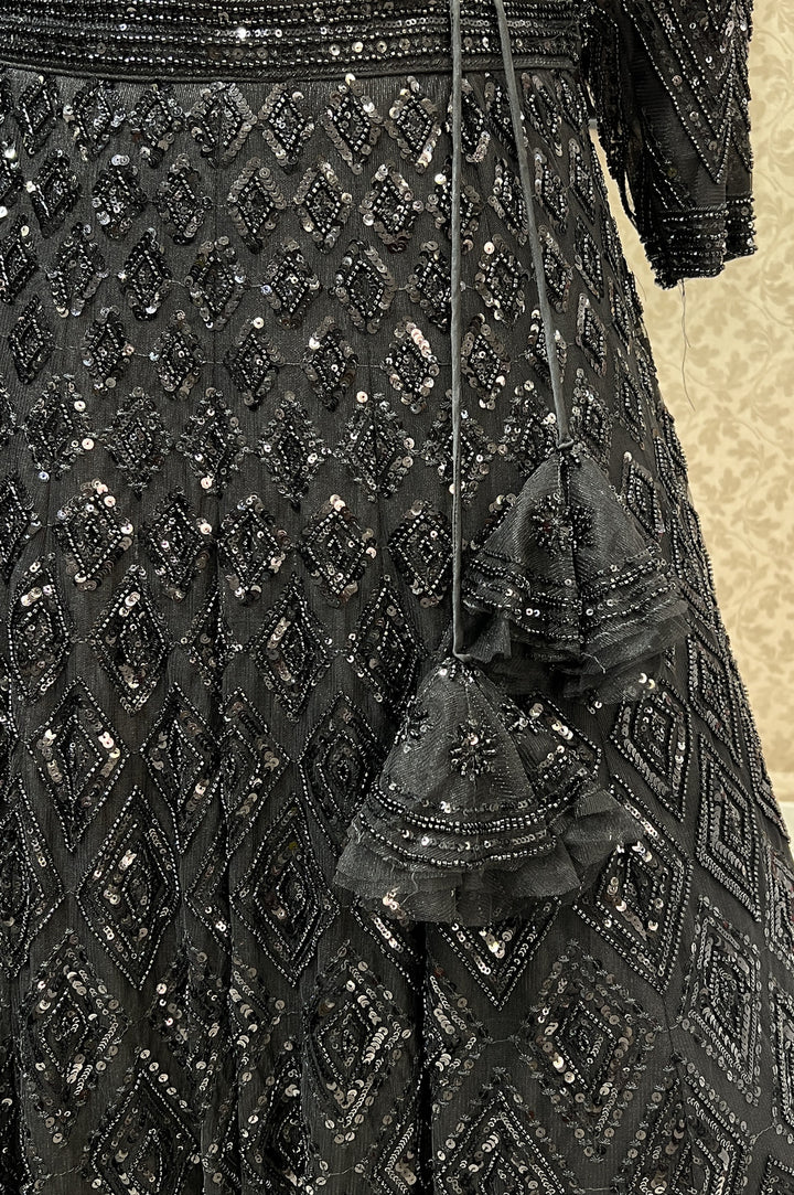 Black Sequins and Beads work Crop Top Designer Bridal Lehenga