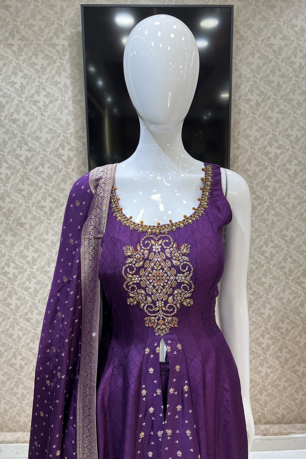 Purple Banaras, Kundan, Sequins and Zardozi work Palazzo Salwar Suit