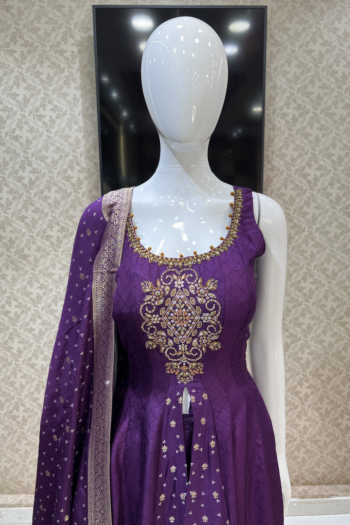 Purple Banaras, Kundan, Sequins and Zardozi work Palazzo Salwar Suit