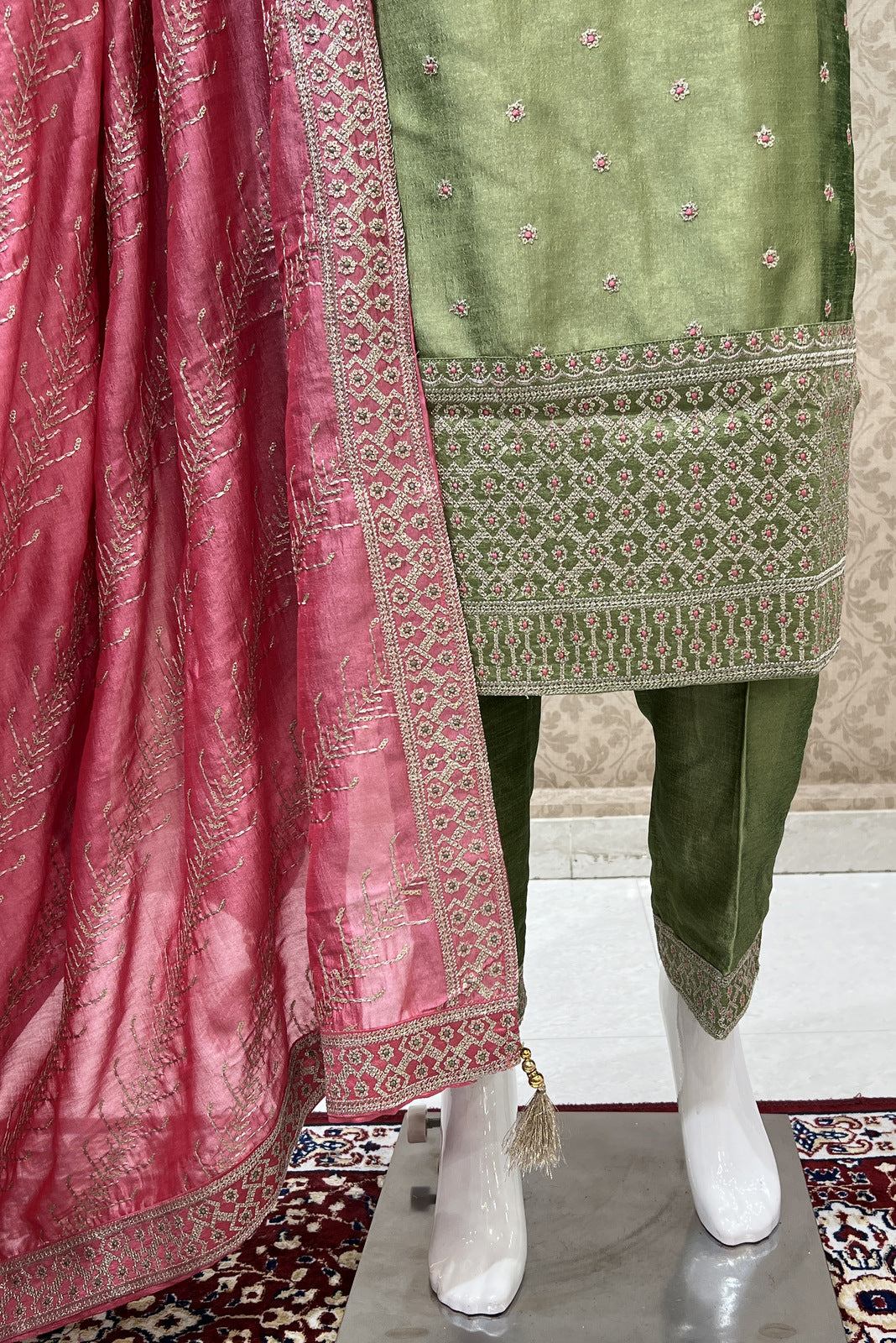 Pista Green Zari, Sequins, Mirror, Beads and Zardozi work Straight Cut Salwar Suit