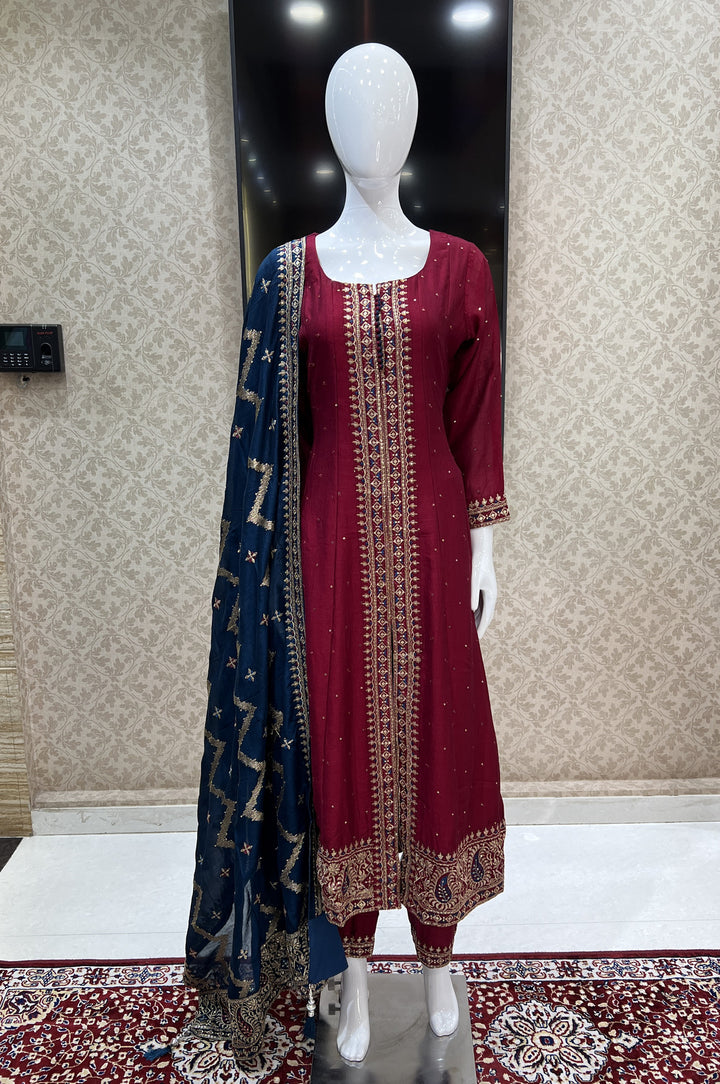 Maroon Sequins and Zari Thread work Anarkali Style Salwar Suit