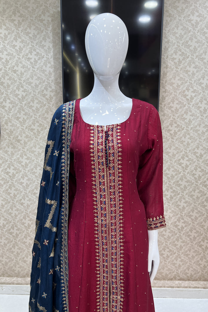 Maroon Sequins and Zari Thread work Anarkali Style Salwar Suit