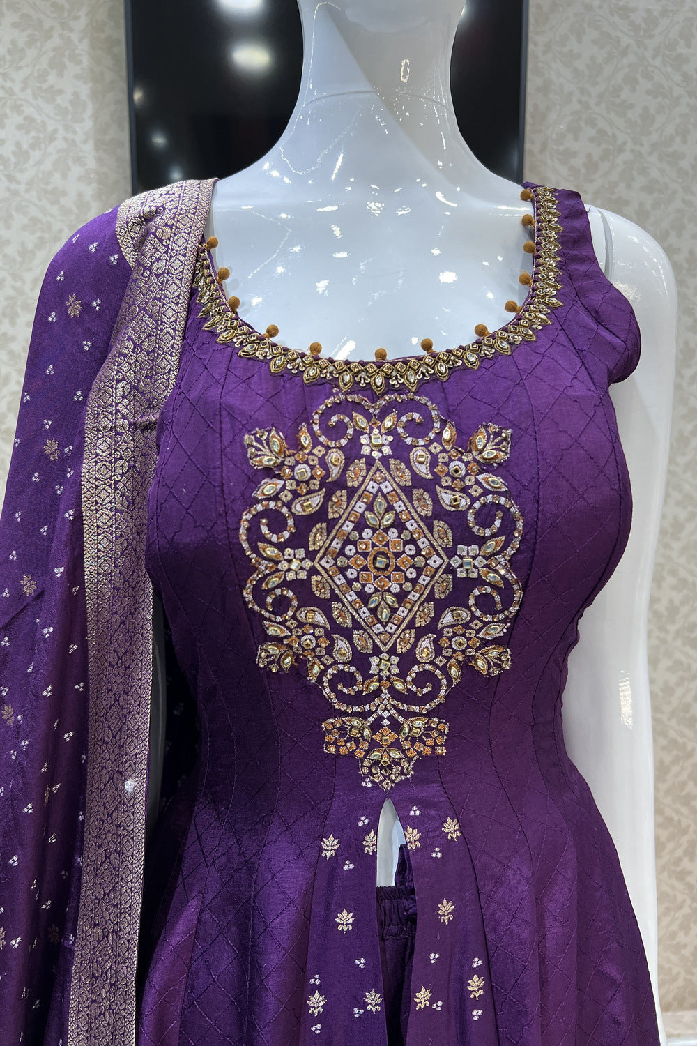 Purple Banaras, Kundan, Sequins and Zardozi work Palazzo Salwar Suit