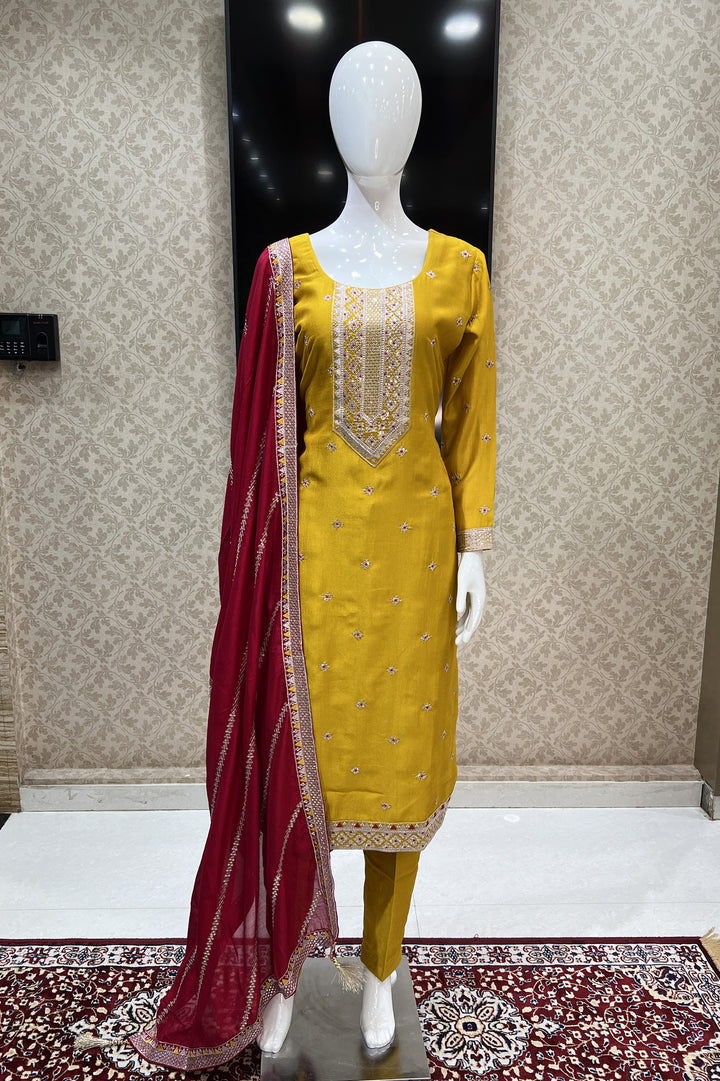 Mustard Sequins, Zari and Thread work Straight Cut Salwar Suit