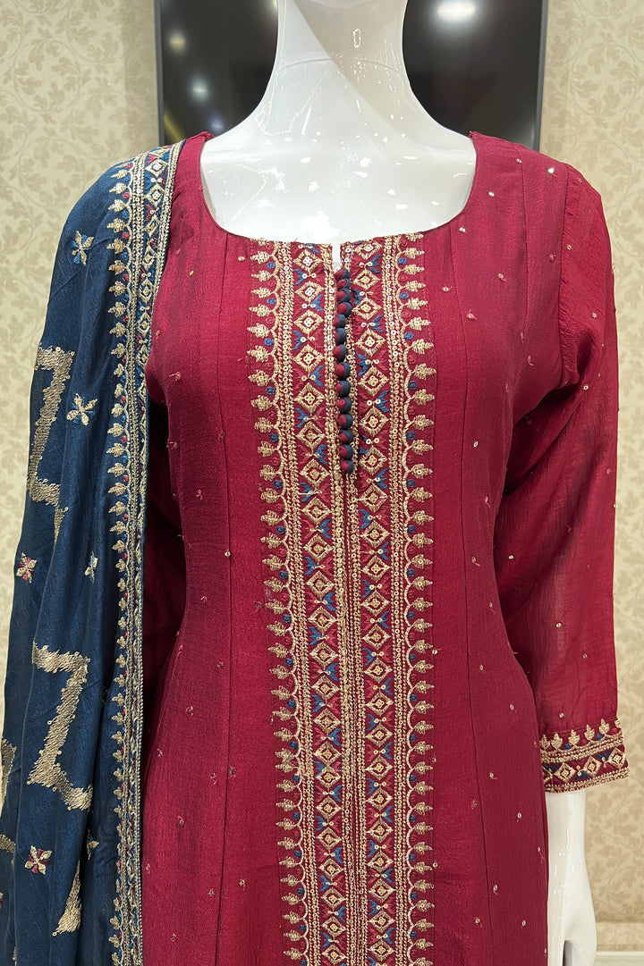 Maroon Sequins and Zari Thread work Anarkali Style Salwar Suit