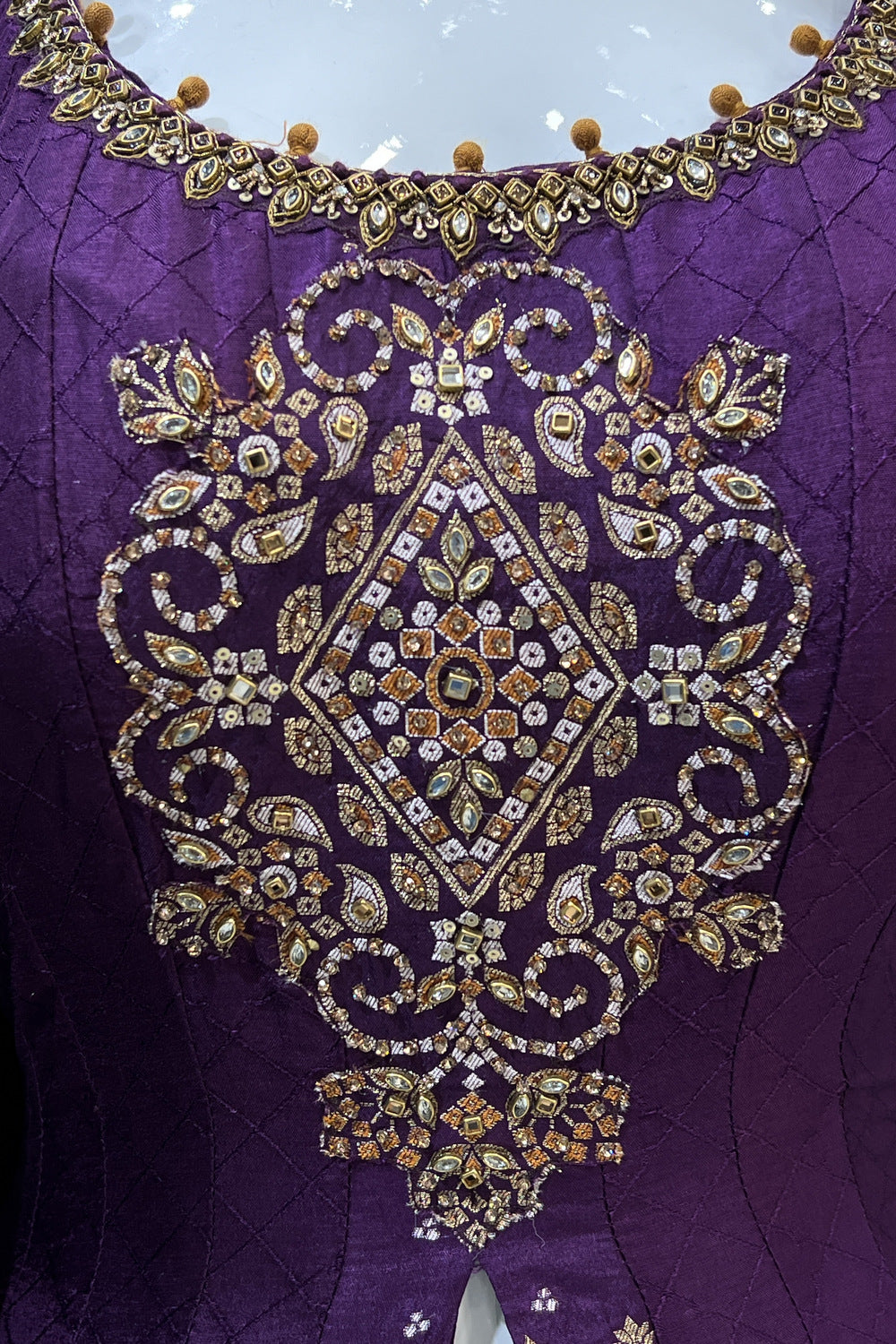 Purple Banaras, Kundan, Sequins and Zardozi work Palazzo Salwar Suit