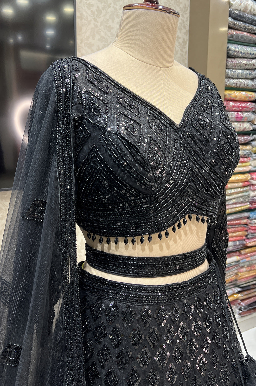 Black Sequins and Beads work Crop Top Designer Bridal Lehenga