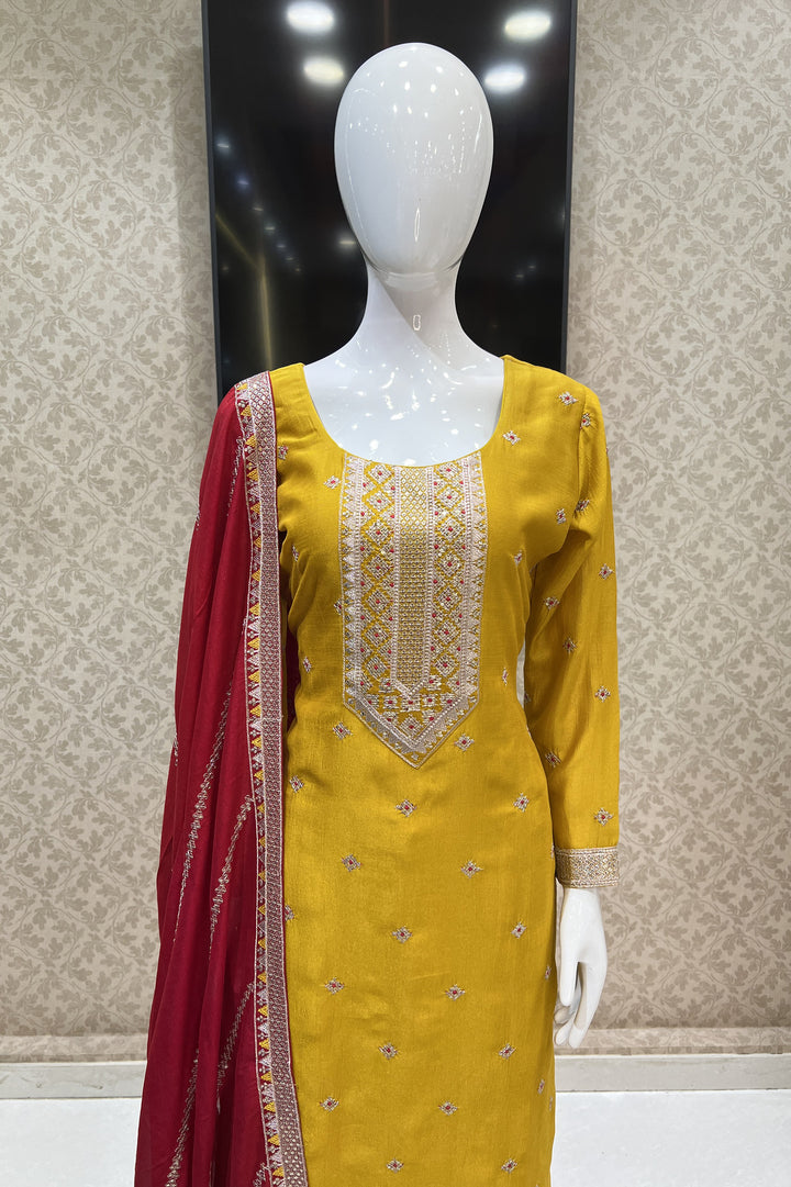 Mustard Sequins, Zari and Thread work Straight Cut Salwar Suit