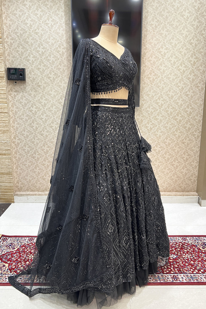 Black Sequins and Beads work Crop Top Designer Bridal Lehenga