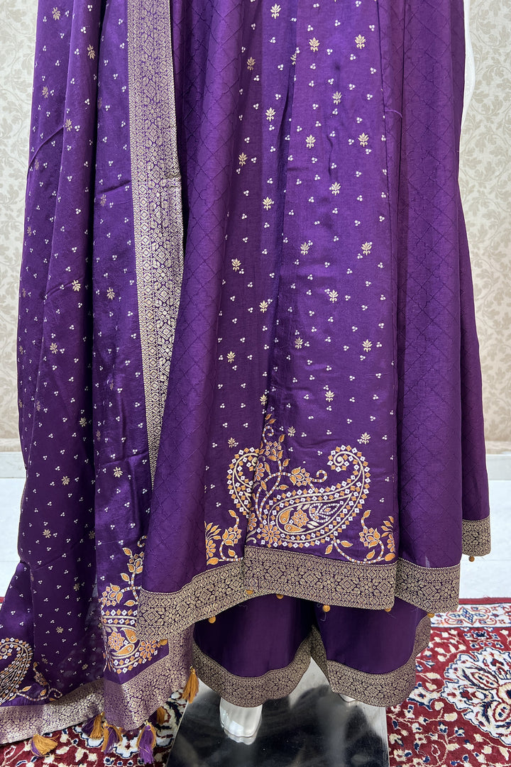 Purple Banaras, Kundan, Sequins and Zardozi work Palazzo Salwar Suit