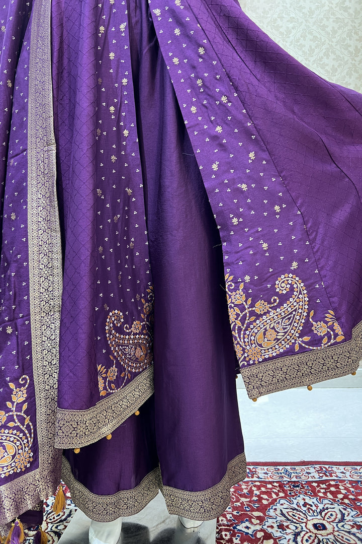 Purple Banaras, Kundan, Sequins and Zardozi work Palazzo Salwar Suit