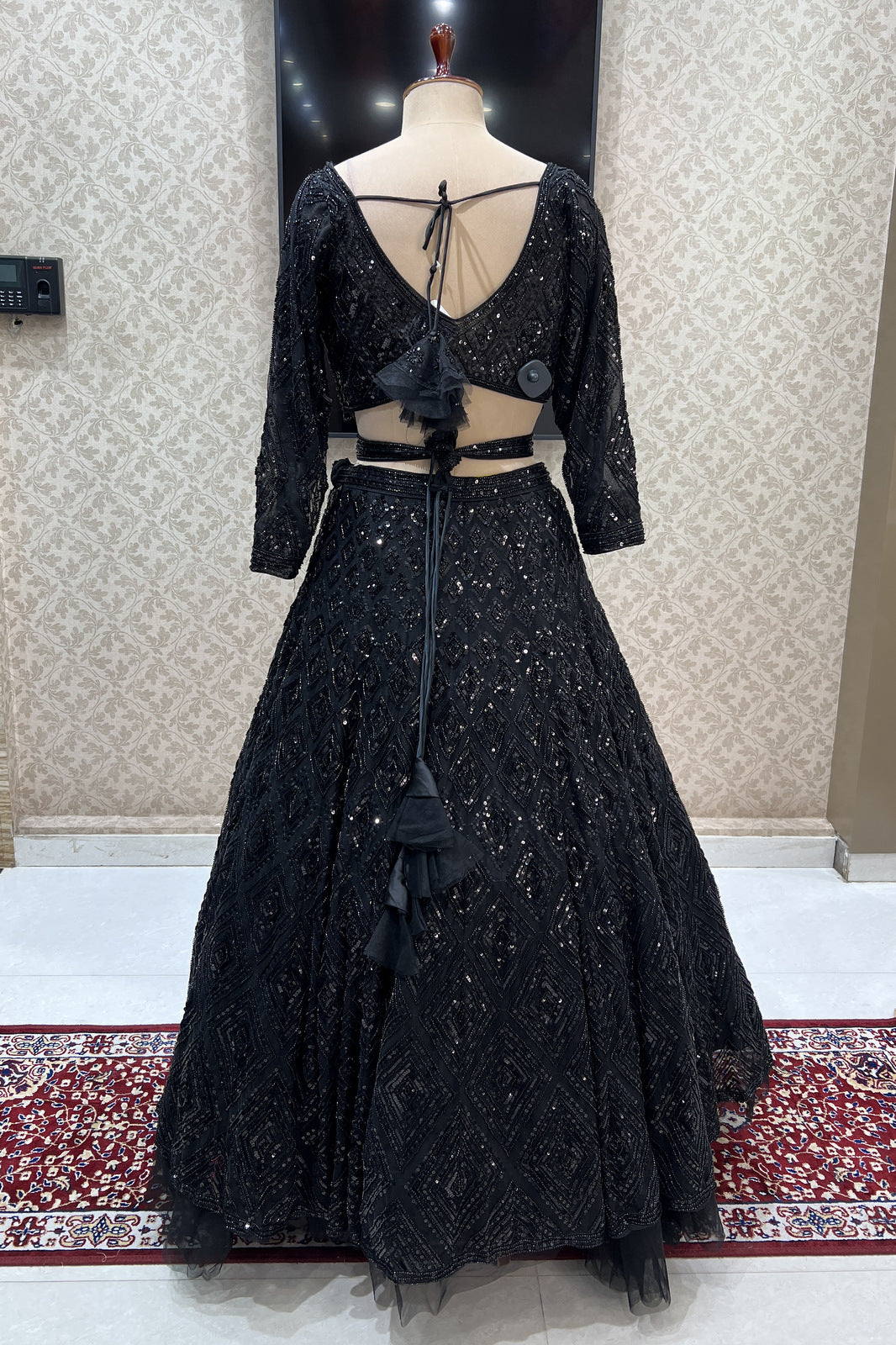 Black Sequins and Beads work Crop Top Designer Bridal Lehenga