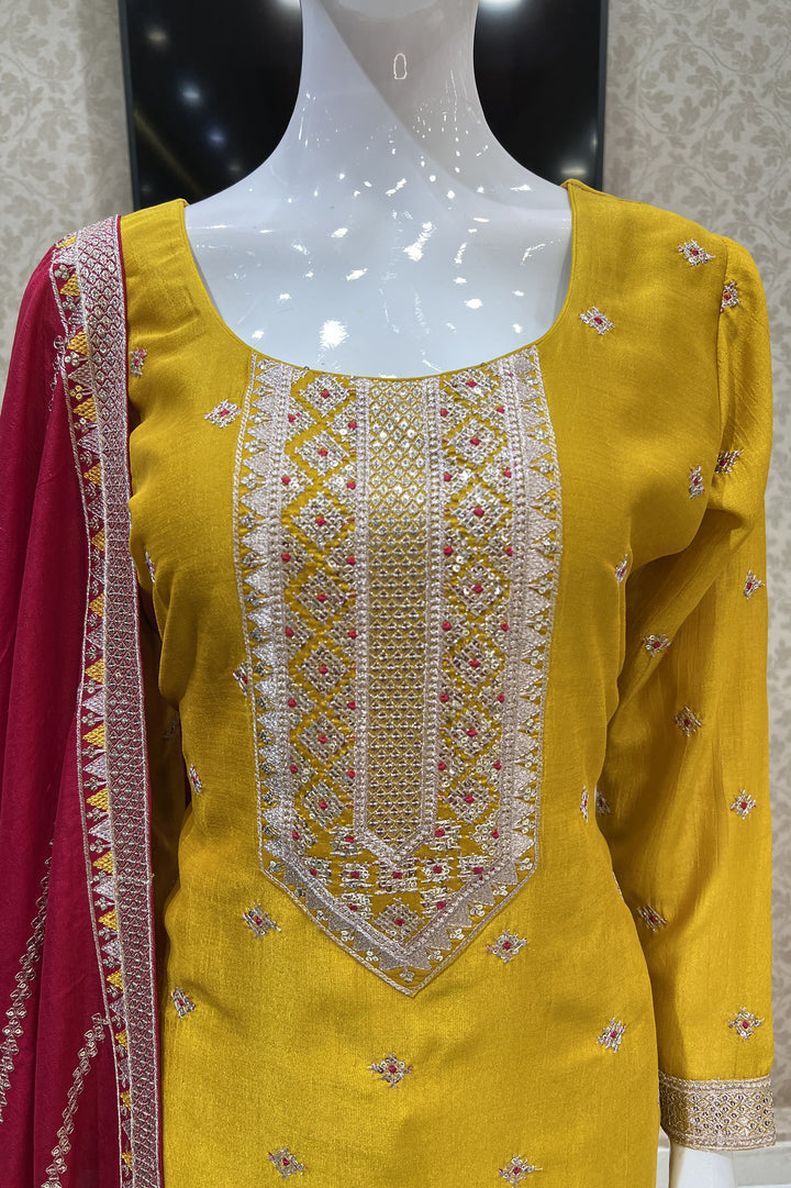 Mustard Sequins, Zari and Thread work Straight Cut Salwar Suit