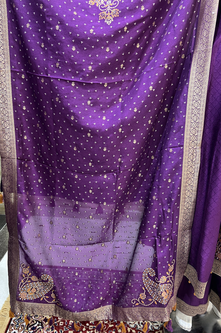 Purple Banaras, Kundan, Sequins and Zardozi work Palazzo Salwar Suit