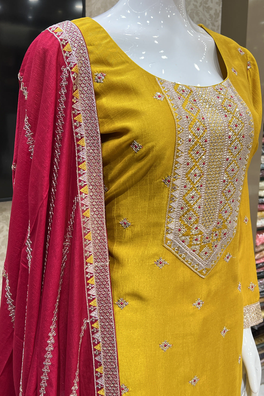 Mustard Sequins, Zari and Thread work Straight Cut Salwar Suit