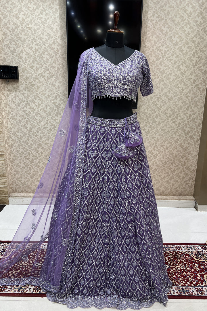 Lilac Mirror, Zari, Thread and Beads work Crop Top Designer Bridal Lehenga