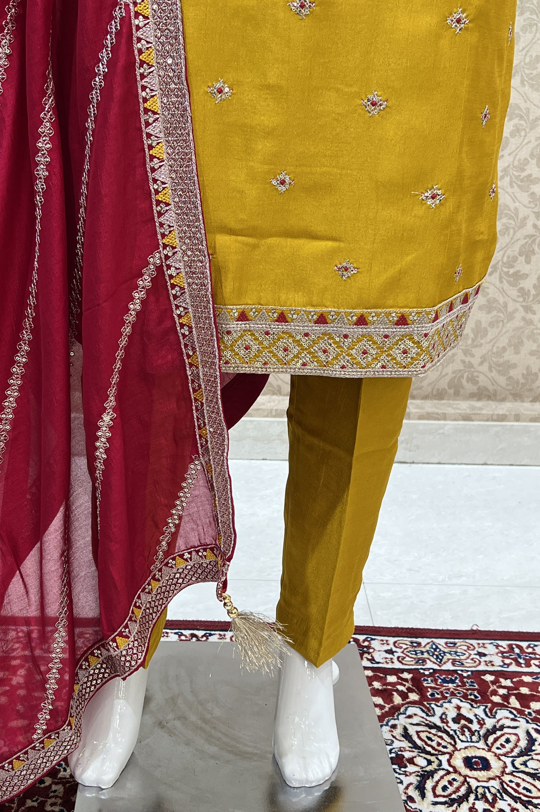 Mustard Sequins, Zari and Thread work Straight Cut Salwar Suit