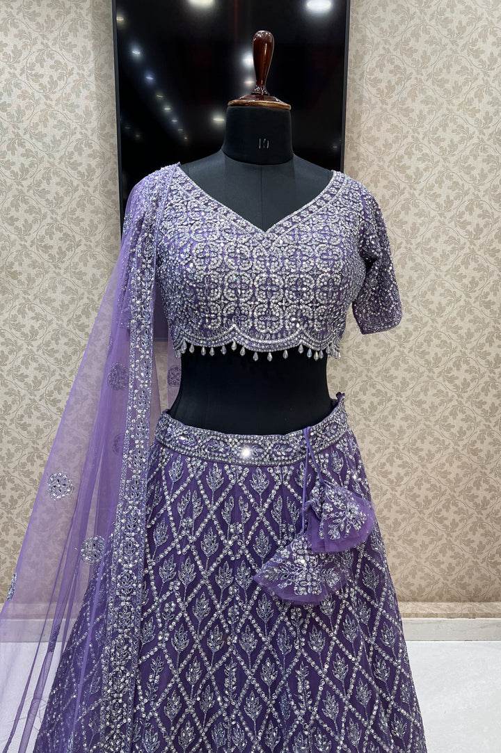 Lilac Mirror, Zari, Thread and Beads work Crop Top Designer Bridal Lehenga