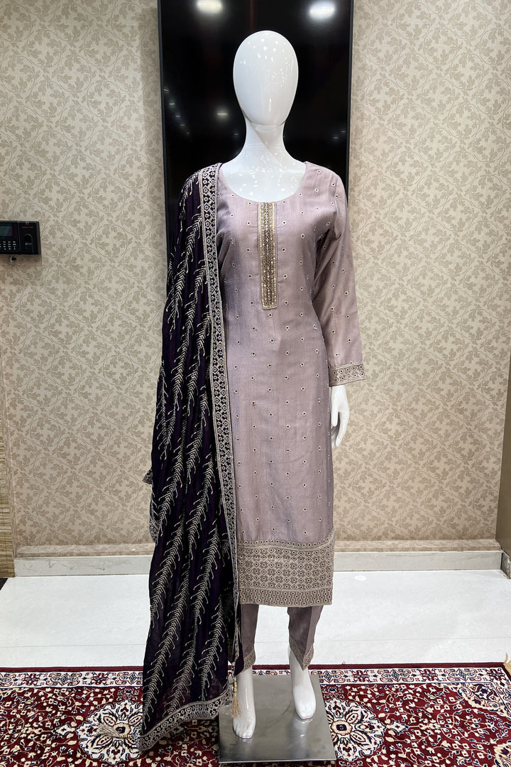 Lilac Zari, Sequins, Mirror, Beads and Zardozi work Straight Cut Salwar Suit