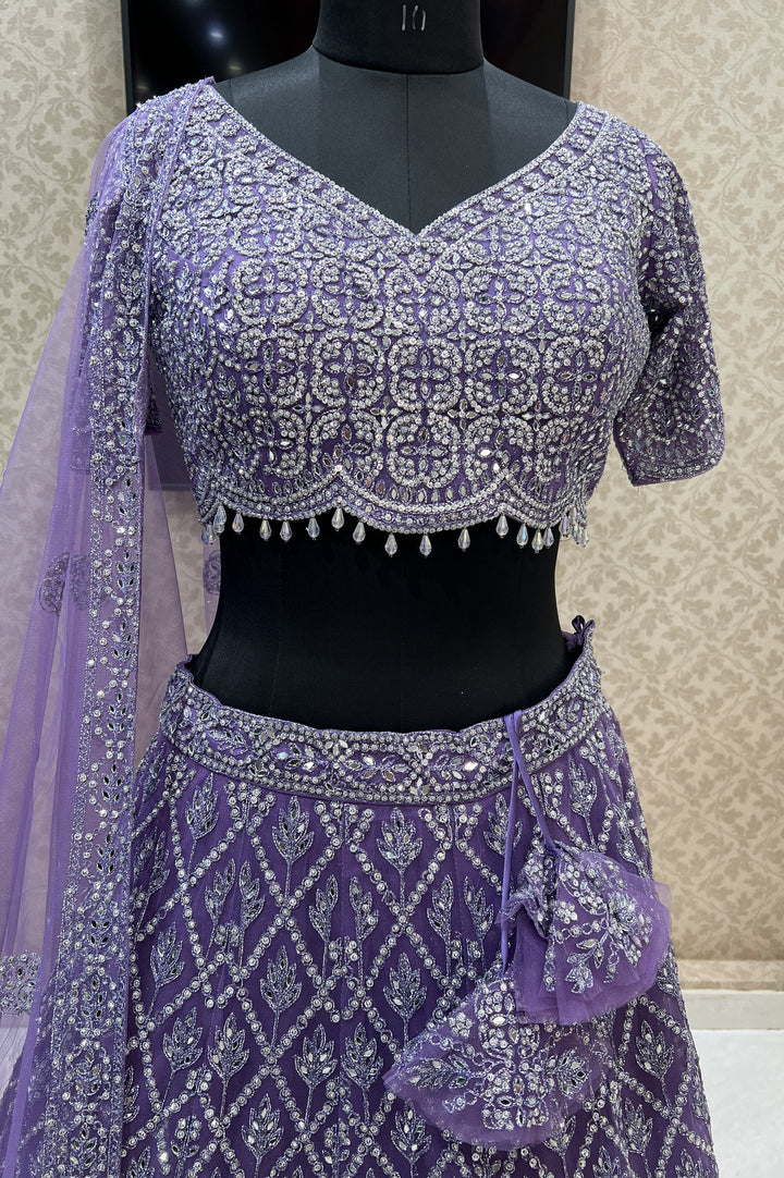 Lilac Mirror, Zari, Thread and Beads work Crop Top Designer Bridal Lehenga