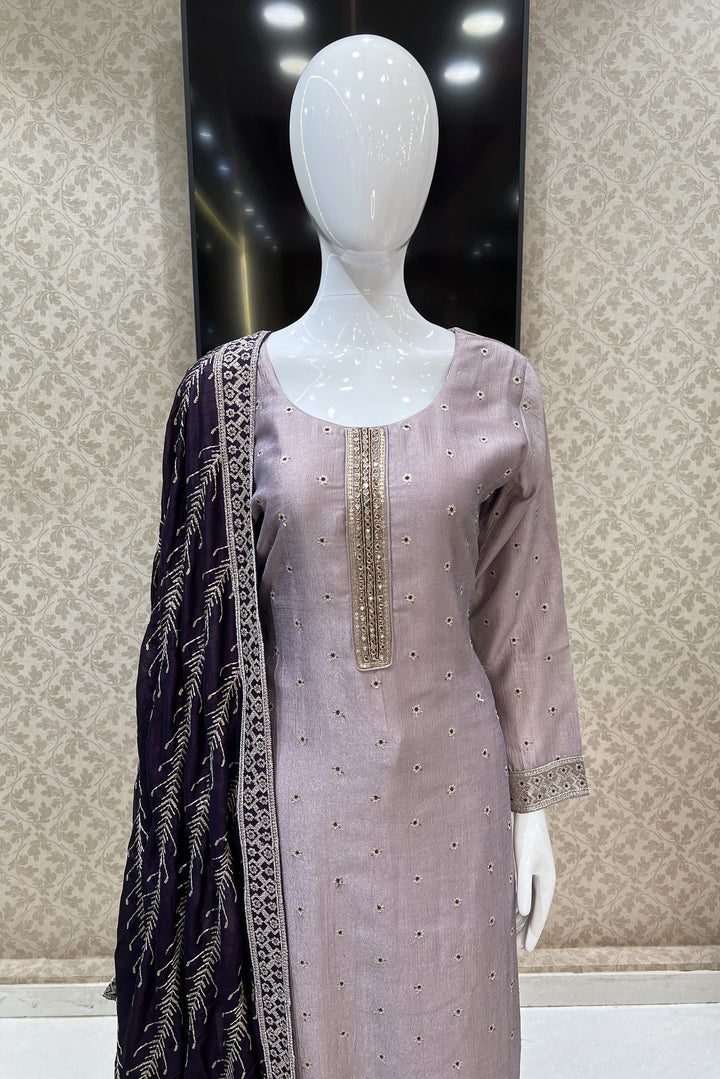 Lilac Zari, Sequins, Mirror, Beads and Zardozi work Straight Cut Salwar Suit