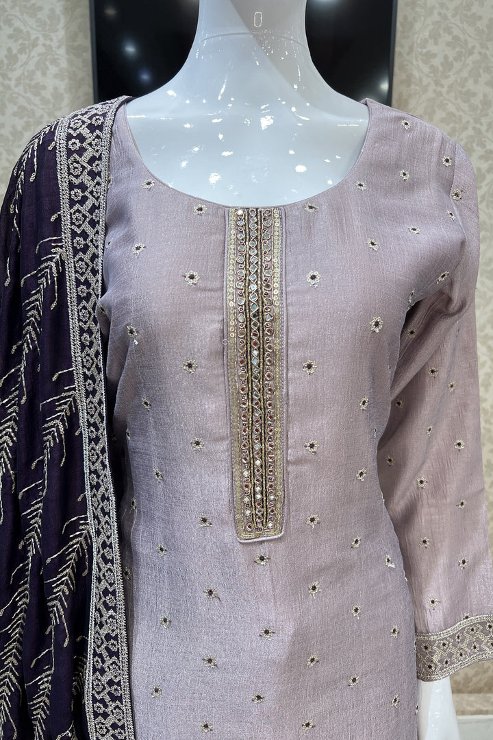 Lilac Zari, Sequins, Mirror, Beads and Zardozi work Straight Cut Salwar Suit